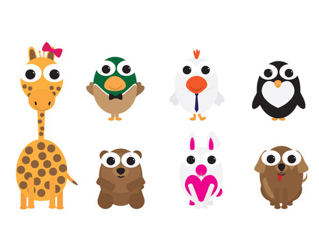 Set of cute vector cartoon animals with big eyes