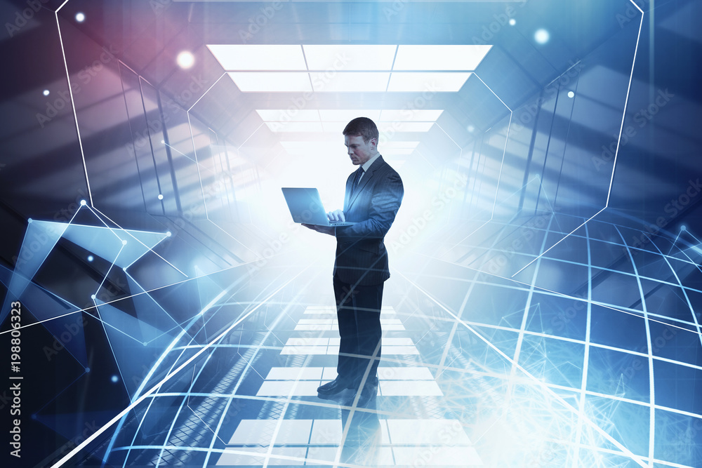 Aufkleber man using laptop with globe