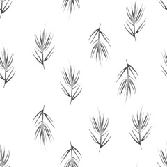 Watercolor seamless background, monochrome. Black leaves, silhouette, floral pattern on a white background. tropical palm leaf, feathers, leaves of plants