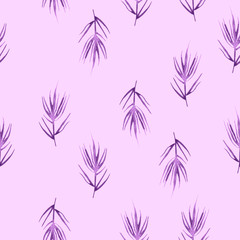 watercolor pattern, seamless background, card with an illustration - wild grasses, algae, twigs, pink, branch, basil, sprout, plant, rosemary, spruce, juniper. Pink drawing of plants