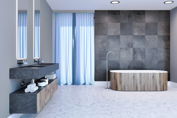 Modern gray bathroom interior, wooden tub