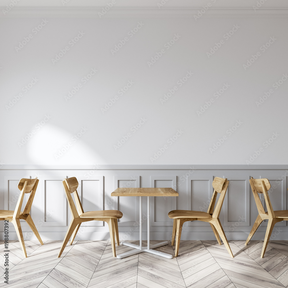 Wall mural Modern white coffee shop, wooden chairs