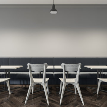 White and gray cafe interior, mock up wall