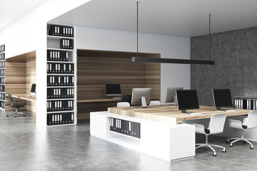 White and wooden office interior, concrete side