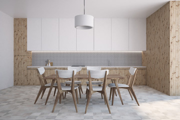 Wooden and gray wall pattern kitchen interior