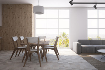 Fototapeta premium Wooden and white kitchen and living room