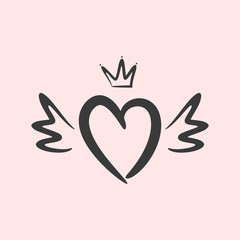 Outline of heart with wings and crown. Drawn by hand, sketch, doodle.