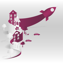 Vector creative illustration of business startup. Sheet paper art of city. Vector illustration design. purple color.