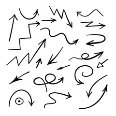 Set of black hand drawn arrows isolated on white background. Vector graphic abstract element.