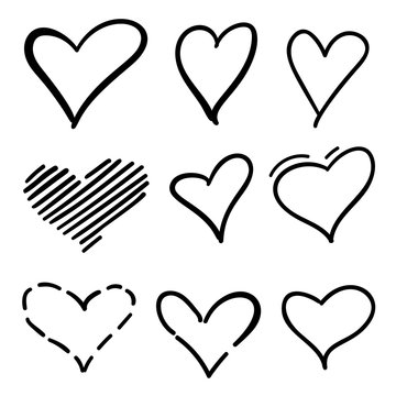 Set of outline hand drawn heart icon.Hand drawn doodle grunge hearts vector   set. Rough marker hearts isolated on white background. Vector heart   collection. Illustration for your graphic design.