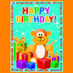 Greeting card, or poster. Soft toy and gifts on a festive background. Items, inscription, and background are located on separate layers.