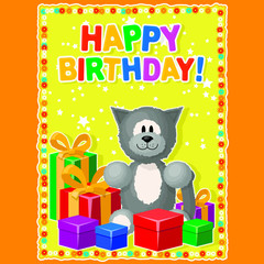 Greeting card, or poster. Soft toy and gifts on a festive background. Items, inscription, and background are located on separate layers.