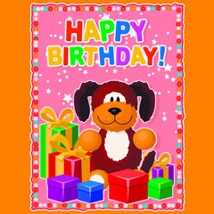 Greeting card, or poster. Soft toy and gifts on a festive background. Items, inscription, and background are located on separate layers.