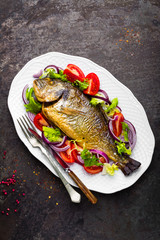 Baked fish dorado. Dorado fish oven baked and fresh vegetable salad on plate. Sea bream or dorada fish grilled and vegetable salad