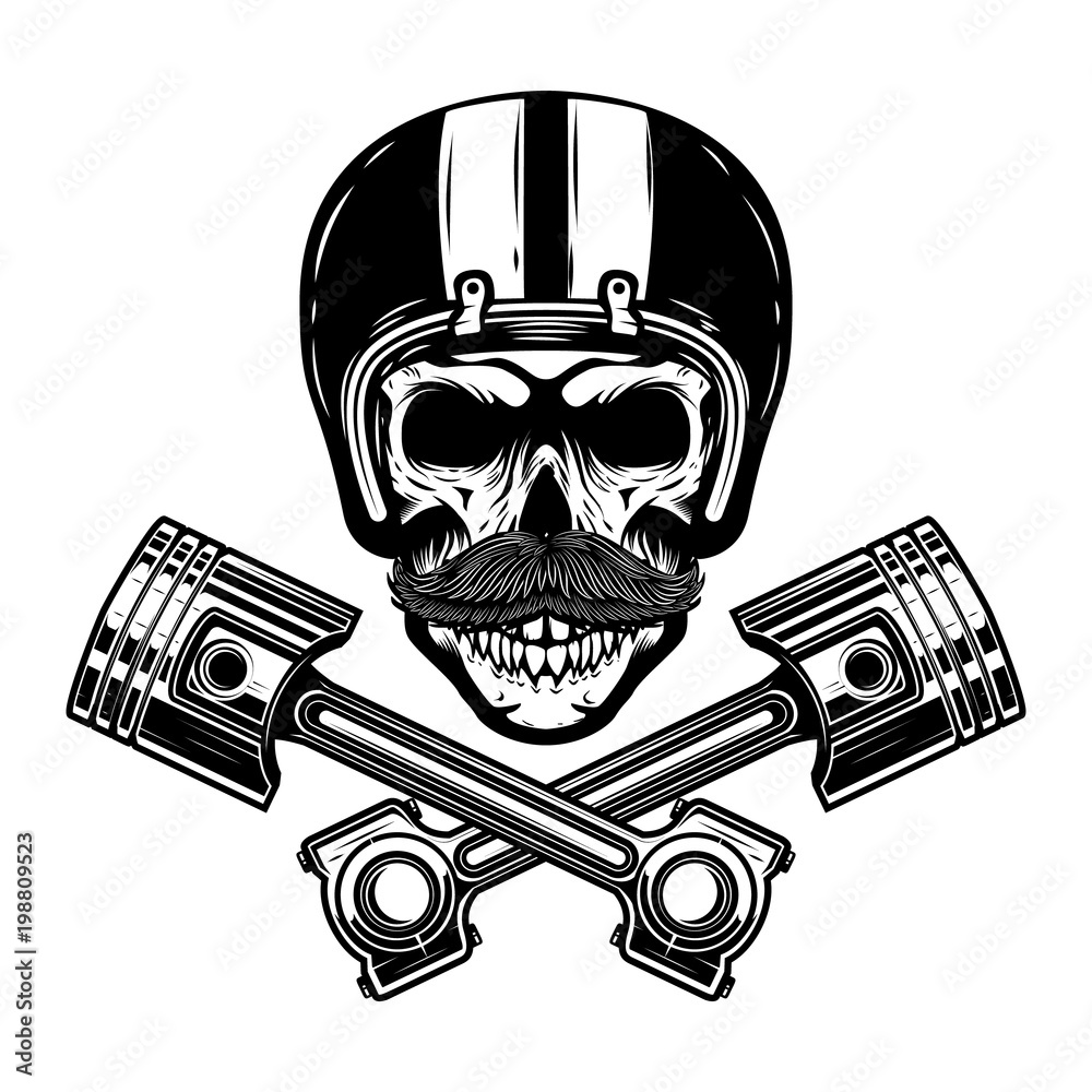 Wall mural racer skull with crossed pistons. design element for emblem, sign, poster, t shirt.