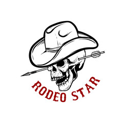 Rodeo star. Skull with arrow in head. Design element for poster, card, t shirt, emblem, sign.