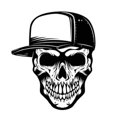 Skull in baseball hat isolated on white background. Design element for logo, label, emblem, sign.