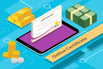 online certification concept isometric 3d with apps tablet and money