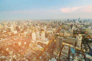 Naklejka na ściany i meble Bangkok city business downtown aerial view with blue skyline background