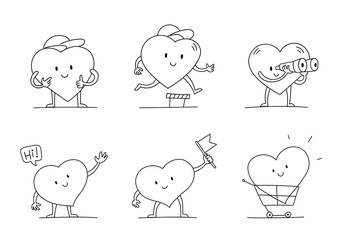 Obraz premium My Favorites character set. Heart with legs, hands and face sketch. With the flag. Funny and cute. Hand drawn black line vector illustration.