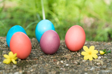 Easter sunday, happy easter, colorful easter eggs hunt holiday decorations easter concept backgrounds with copy space