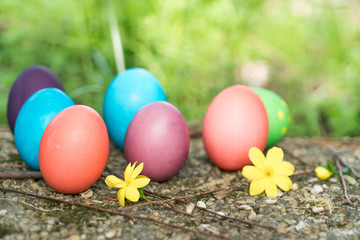 Easter sunday, happy easter, colorful easter eggs hunt holiday decorations easter concept backgrounds with copy space
