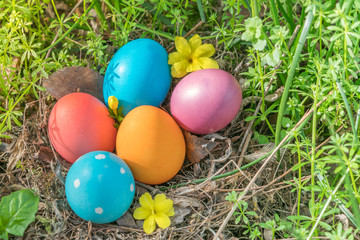 Obraz na płótnie Canvas Easter sunday, happy easter, colorful easter eggs hunt holiday decorations easter concept backgrounds with copy space