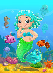 Fototapeta na wymiar Little cute catoon mermaid