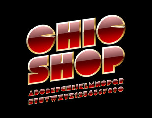 Vector ruby and golden label Chic Shop. Luxury glossy Font. Great Alphabet Letters, Numbers and Symbols.