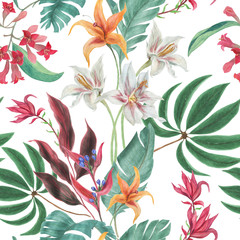 Watercolor painting seamless pattern with beautiful tropical flowers on white background - 198811777