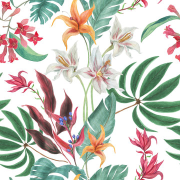 Watercolor painting seamless pattern with beautiful tropical flowers on white background