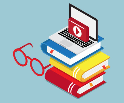 online education, lesson, learning concept laptop with media on stack of books isometric