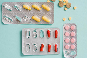 Full frame variation of medicine in blister packaging in pharmaceutical, medication concept background with multiple dosage form for cure or treatment human disease