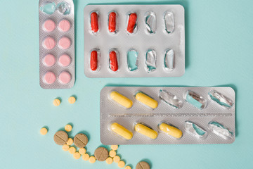 Full frame variation of medicine in blister packaging in pharmaceutical, medication concept background with multiple dosage form for cure or treatment human disease
