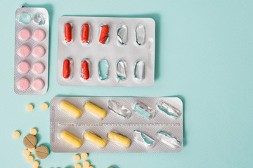 Full frame variation of medicine in blister packaging in pharmaceutical, medication concept background with multiple dosage form for cure or treatment human disease