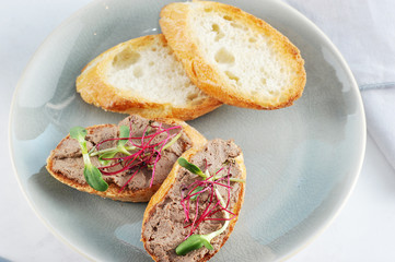 toasted toast sandwich with pate and herbs on a blue plate