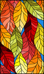 Naklejki  Ilustracja w stylu witrażu z kolorowymi liśćmi na niebieskim tle