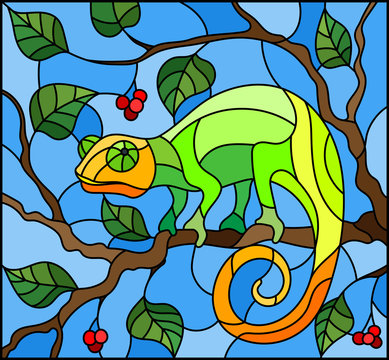 Illustration in stained glass style with bright green chameleon on plant branches background with leaves and berries on blue background