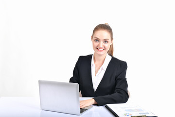 Business Concept. Beautiful young businesswoman looks charming and trustworthy. Young businesswoman has leadership on a white background. Young businesswoman is working happily.