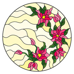 Naklejki  Ilustracja w stylu witrażu z abstrakcyjnymi kwiatami, liśćmi i zawijasami, okrągły obraz na białym tle