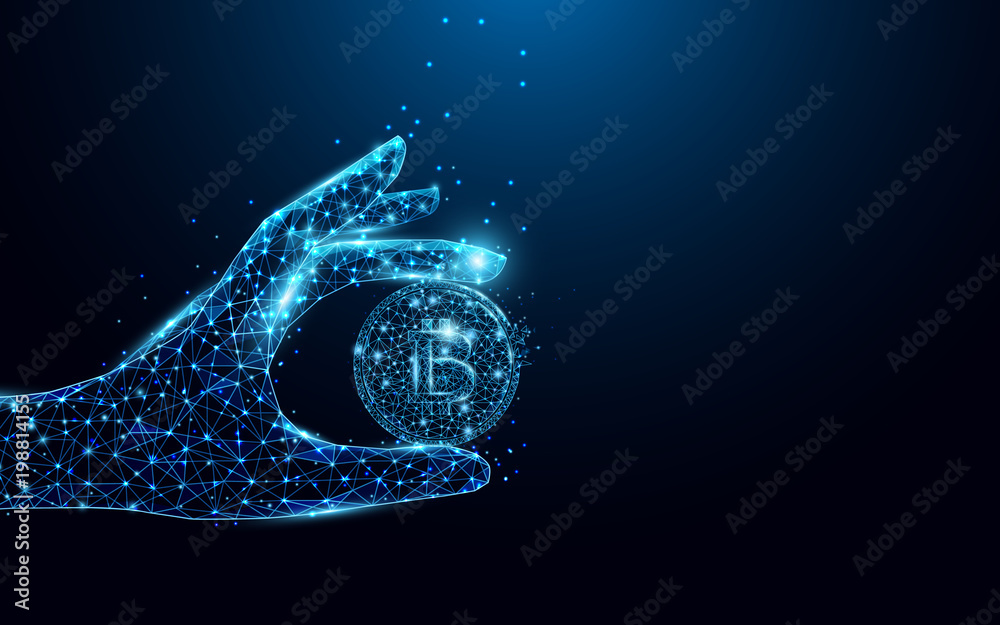 Aufkleber Abstract hand holding coin form lines and triangles, point connecting network on blue background. Illustration vector