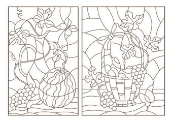 Set of outline illustrations in stained glass style with still lifes, fruits, berries and crockery, dark outlines on white background