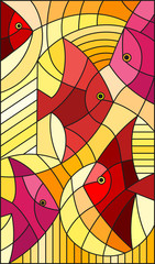 Naklejki  Ilustracja w stylu witrażu abstrakcyjna ryba, pionowy obraz, ciepłe odcienie czerwieni i żółci