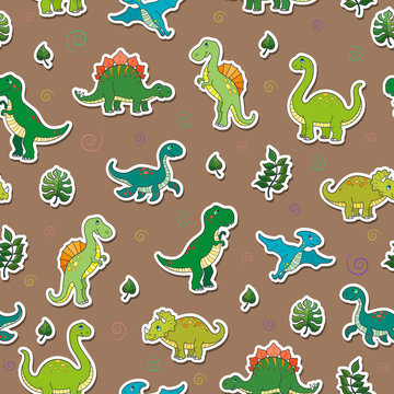 Seamless pattern with colorful dinosaurs and leaves, sticker icons on  brown background
