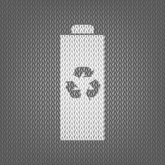 Battery recycle sign illustration. Vector. White knitted icon on