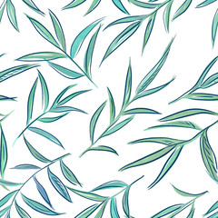 2d hand drawn watercolor seamless background with charcoal sketch over. Colorful yucca or laurus branch with leaves illustration. Pattern for textile, wrapping, branding, invitations. Isolated on whit