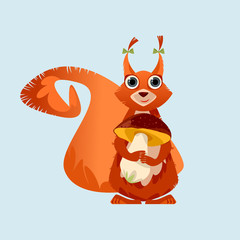 Cute squirrel with big eyes holding a mushroom in paws. Vector illustration
