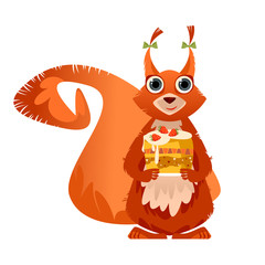 Cute squirrel with big eyes holding a birthday cake in paws. Vector illustration
