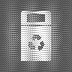 Trashcan sign illustration. Vector. White knitted icon on gray k