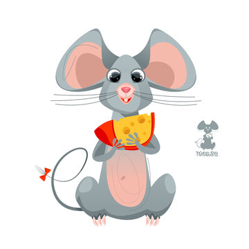 Funny mouse holding in the paws a piece of cheese. Vector illustration
